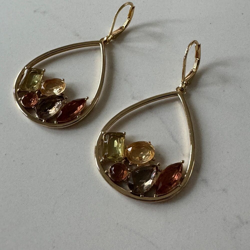 2 Anne Klein Gold-Tone Dangle Earrings – Teardrop Gem Cluster & Lavender Glass - Picture 7 of 14